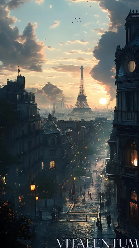Parisian boulevard at sunset glows beneath towering clouds.
