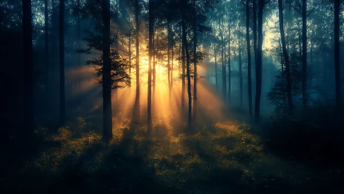 Golden Sunrise Breaking Through the Misty Forest.