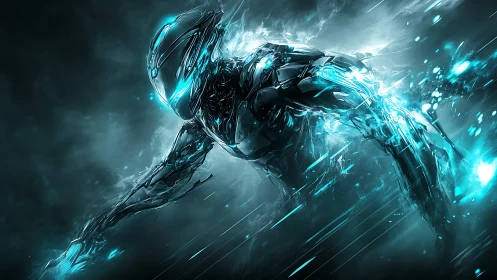 Futuristic cyber warrior racing through crackling blue light.
