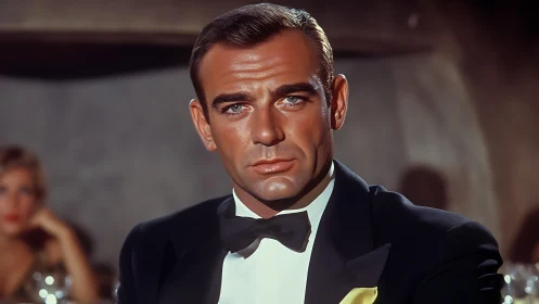 Cinematic tuxedo portrait under controlled warm key lighting.