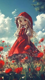 Anime girl in red hood standing in a bright flower field.