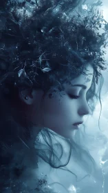 Moonlit forest spirit rests in a quiet, frost blue dream
