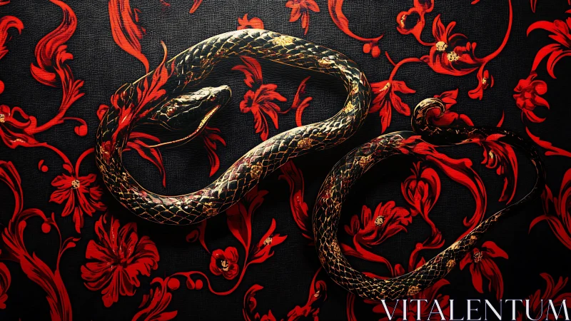 Golden serpent sculpture on red floral baroque pattern.