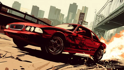 Red city street racer sliding through an urban sunset chase.