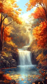 Golden autumn waterfall retreat with softly glowing light.