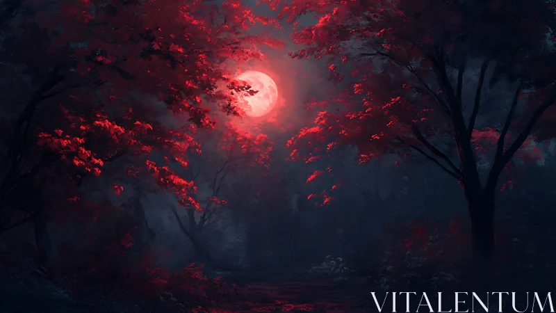 Digital nocturne of crimson forest under lunar eclipse.