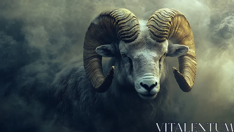 Majestic ram portrait in moody stormlit digital art.