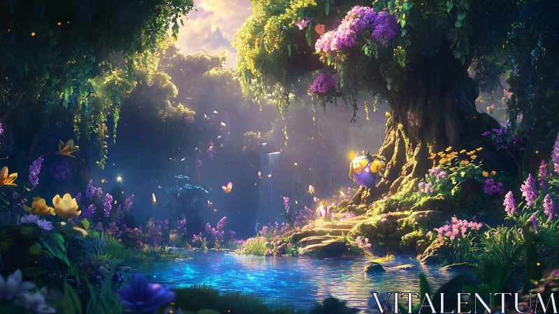 Whispering pond beneath the bloom-heavy guardian tree.