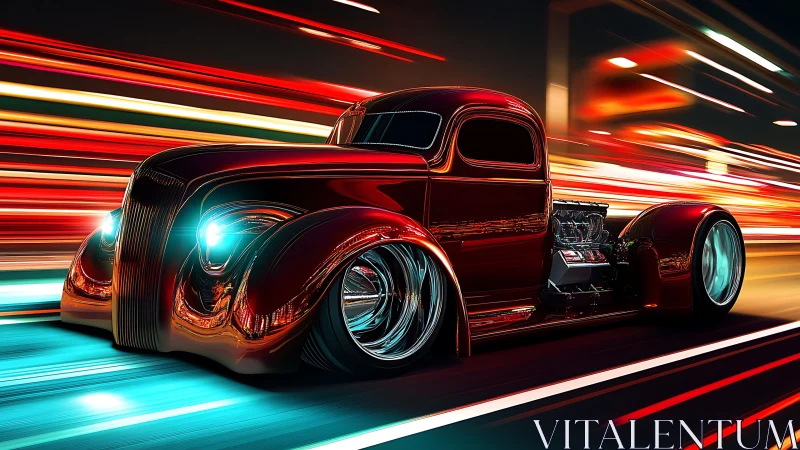 Retro-futuristic hot rod truck with exposed V8 engine at speed