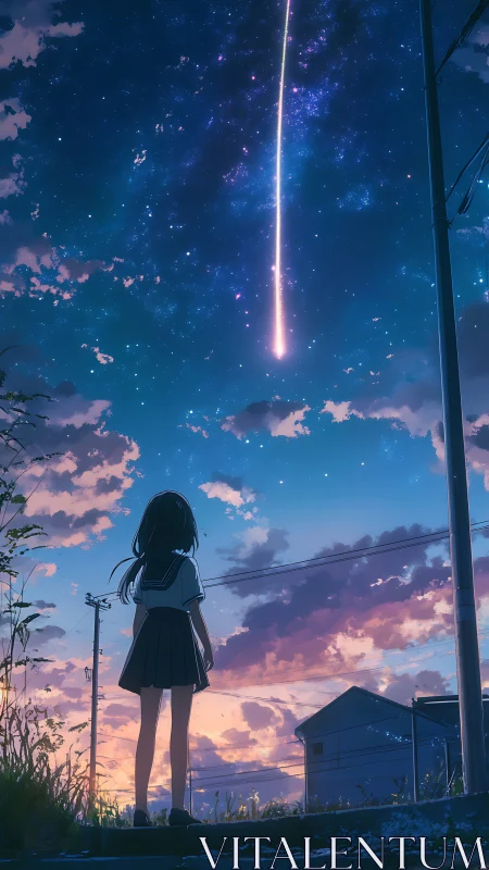 Adolescent observer under vertical meteor trace at dusk.