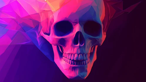 Polygonal human skull is rendered with neon gradient lighting