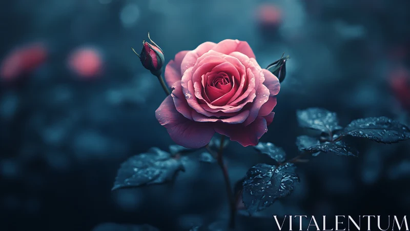 Pink rose bloom emerges luminous against deep teal bokeh backdrop.