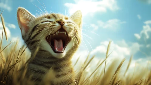 Euphoric Feline Revels in Golden Grasslands Under Azure Skies.