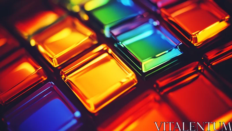 Chromatic glass grid with luminous beveled modules in 3D.