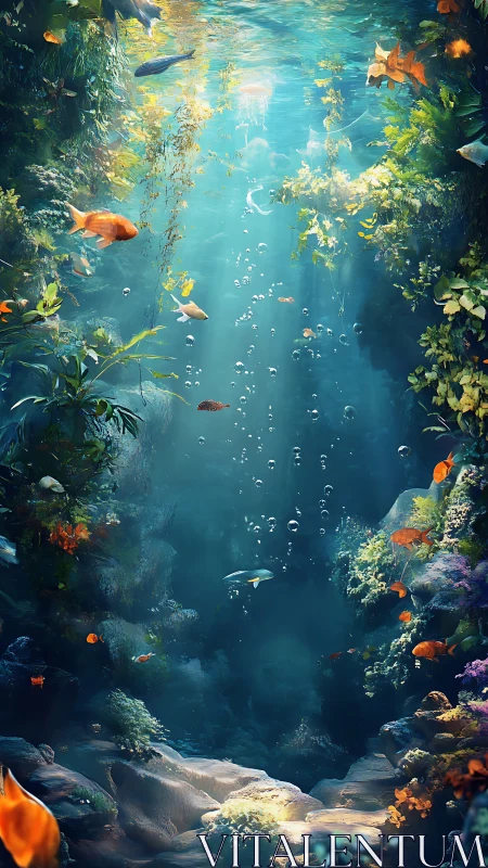 Sunlit underwater garden teems with colorful fish and life.