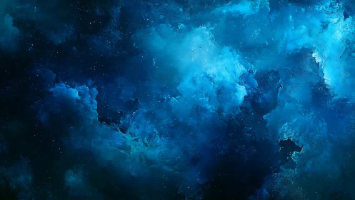Deep sapphire nebula clouds in luminous cosmic void.
