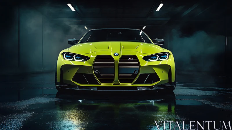 Neon yellow BMW sports coupe dominates moody wet garage