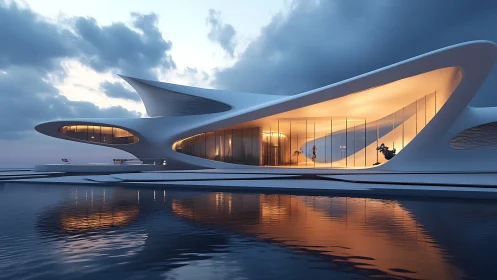 Futuristic Waterside Architecture at Dusk.