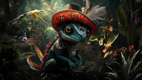 Regal blue gecko in feathered red hat rules a jungle realm.