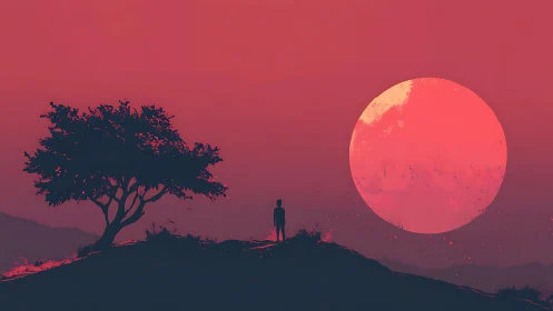 Solitary figure watches colossal crimson sun over ridge