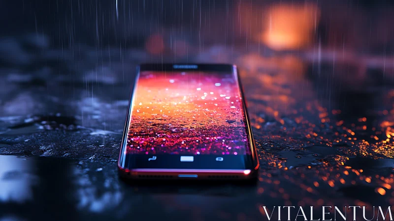 Wet smartphone on reflective street surface under rain.