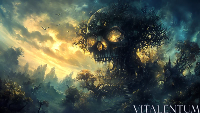 Skull-shaped forest citadel glows over haunted valley.