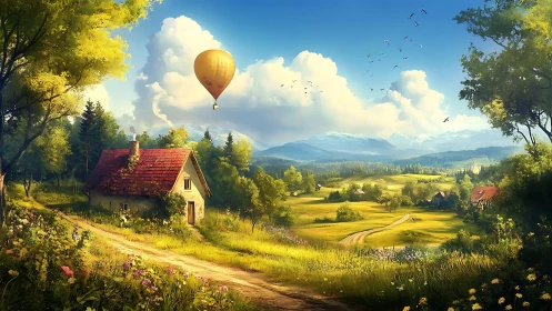 Idyllic rural valley with hot air balloon over cottage