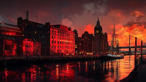 Harborfront industrial skyline under red sunset illumination.