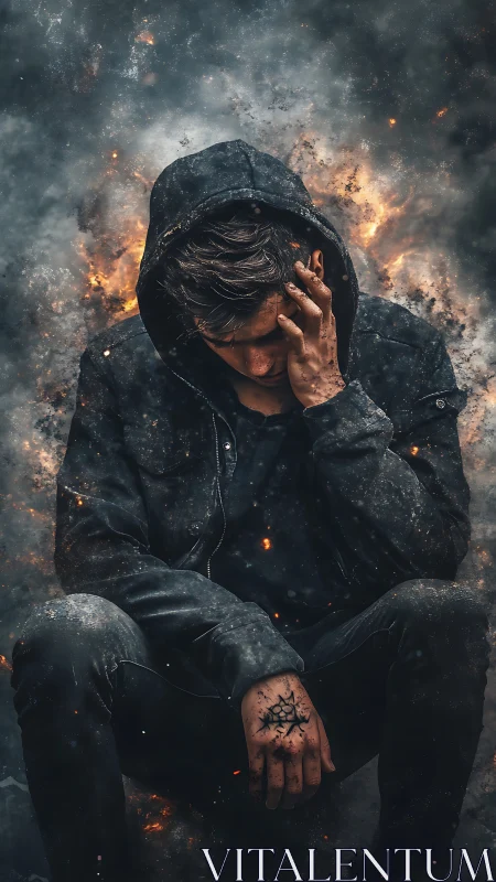 Hooded figure in embers with particle effects and moody backlight