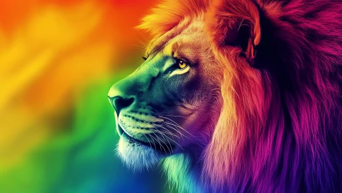 Profile view depicts stylized lion head with graded spectrum colors