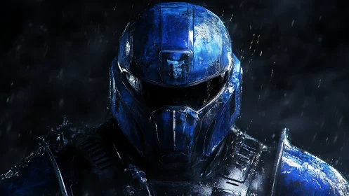 Armored blue sci-fi soldier stands in relentless rainstorm.