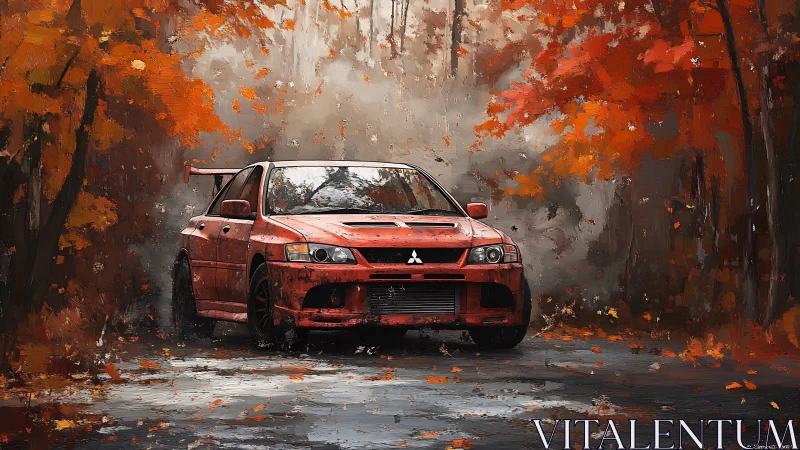 Red rally car cuts through dense autumn forest fog.