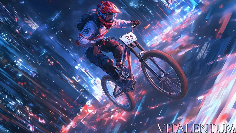 Urban Velocity: BMX Rider Defies Gravity in Neon Metropolis.