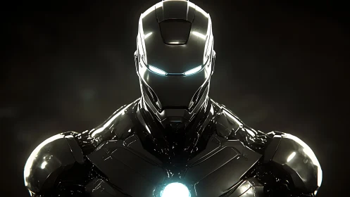 Metallic humanoid combat suit in frontal illuminated view.