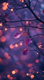 Bokeh-lit dew on violet twigs in shallow nocturnal focus.
