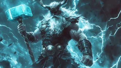 Storm‑crowned thunder god wielding a blazing runic hammer.