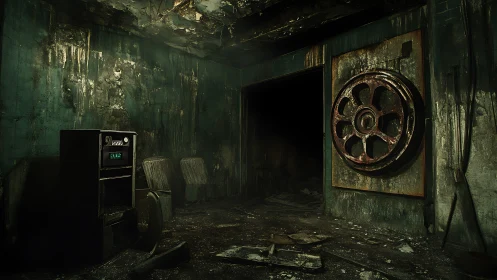 Dilapidated industrial room with large rusted wheel door.