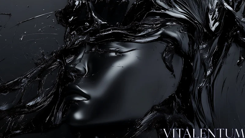 Liquid black visage emerging from abstract darkness.