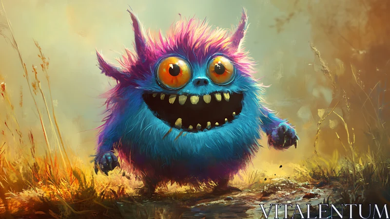 Furry neon monster charges through glowing autumn field.