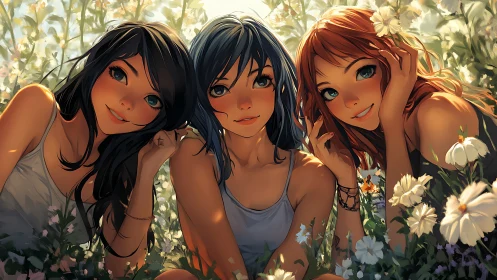 Anime trio portrait in sunlit wildflower meadow composition.