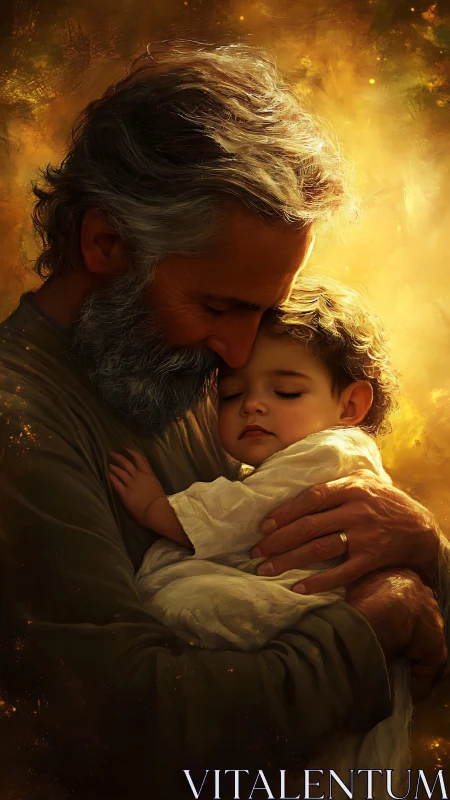 Older man holding sleeping child against warm glowing light