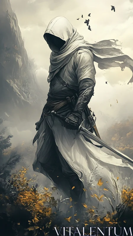 Hooded wanderer strides through misty cliffs with steel drawn.