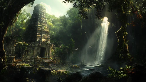 Ancient jungle temple overlooks sunlit waterfall ravine