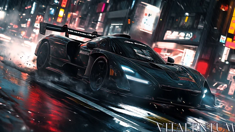 Racing car moves through wet neon city street at night