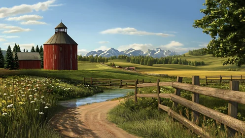 Sunlit country farmstead rests beneath distant snowy peaks