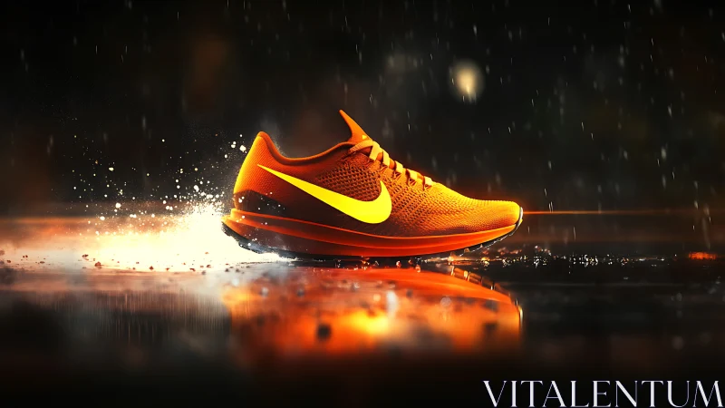 Electric orange running shoe racing through city rain.