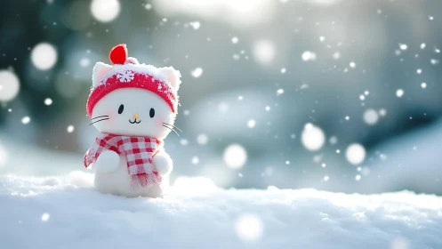 Cartoon cat figurine stands in fresh snow during snowfall