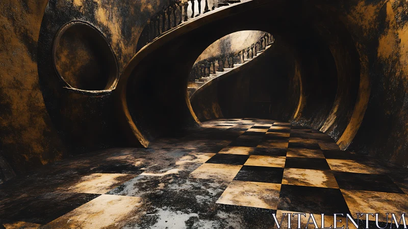 Curved staircase twists above decayed checkerboard hall.