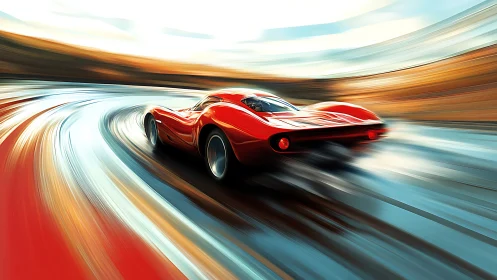 Crimson racer carving light through a dreamlike speedway.