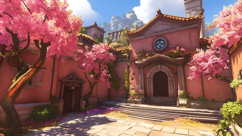 Sunlit courtyard chapel dressed in jubilant cherry bloom.